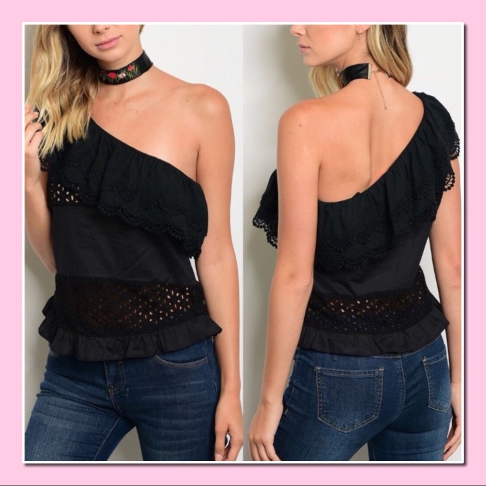 NWT Adorable Black Eyelit Ruffle One Shoulder Top